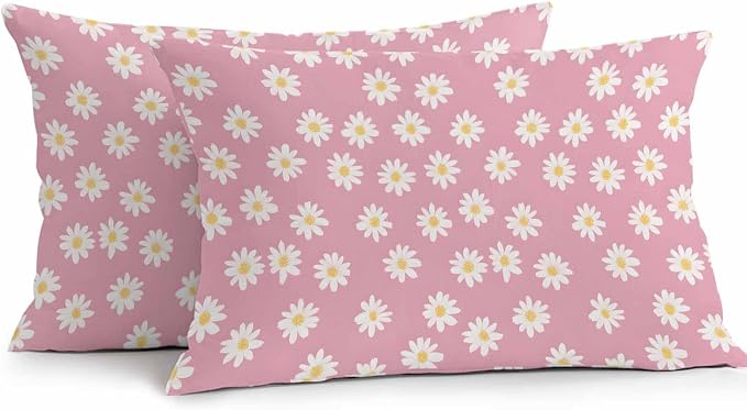 Lumbar Pillow Covers 20x12 Inch Set of 2, White Pink Daisy Waterproof Outdoor Pillow Covers, Spring Summer Floral Farmhouse Decorative Cushion Pillowcases for Couch, Sofa, Bed, Garden, Patio