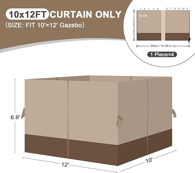 Aoodor 10x12 ft Outdoor Gazebo Curtains, 4 Panels Waterproof Privacy Sidewall Replacement with Zipper for Patio Pergola and Canopy, Sand Yellow and Brown