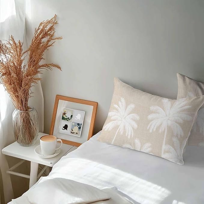 Lumbar Pillow Covers 20x12 Inch Set of 2, Beige Palm Trees Waterproof Outdoor Pillow Covers, Farmhouse Tropical Summer Beach Decorative Cushion Pillowcases for Couch, Sofa, Bed, Garden, Patio