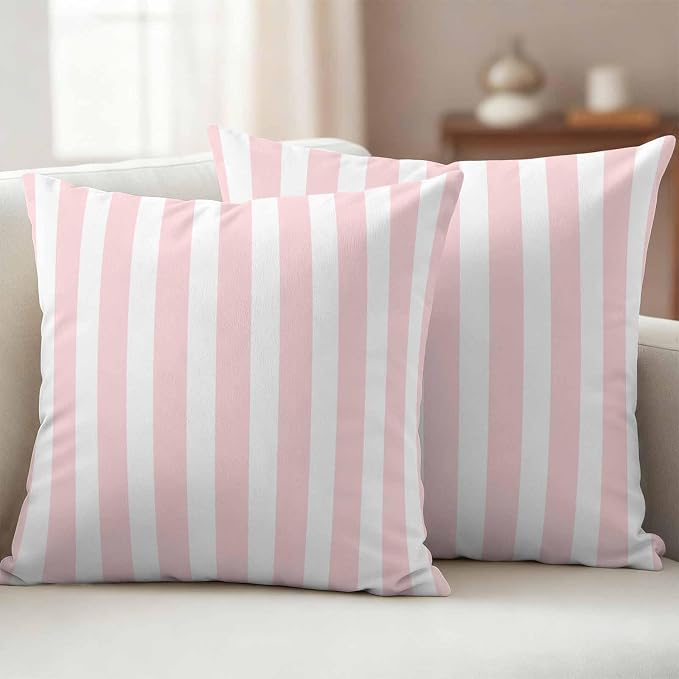 Pink Striped Outdoor Waterproof Throw Pillow Covers 16x16 Set of 2, Modern Farmhouse Pink White Stripes Decorative Pillowcases Cushion Pillowcase for Couch Sofa Patio Outside Pillow Protector