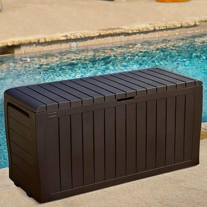 Suncast 22 Gallon Small Resin Storage Seat, Java, SSW600J & Keter Marvel Plus 71 Gallon Resin Outdoor Box for Patio Furniture Cushion Storage, Brown