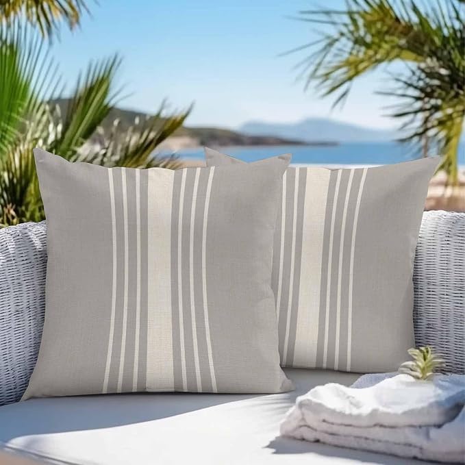 Vandarllin Outdoor Throw Pillows Covers 18x18 inch Set of 2 Waterproof Grey Vertical Stripes Decorative Zippered Cushion Covers for Patio Furniture, Classic Striped Linen Lumbar Pillowcases