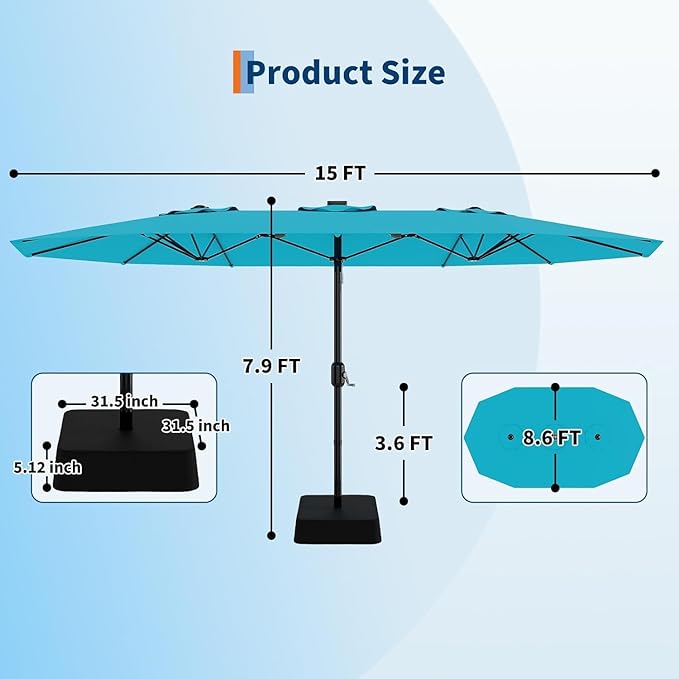 Garvee 15FT Rectangular Outdoor Umbrella Patio Umbrella with Base Included Large Market Umbrellas with Crank Handle UV Protection Table Umbrellas for Outdoor, Backyard, Deck, Poolside, Mist Blue