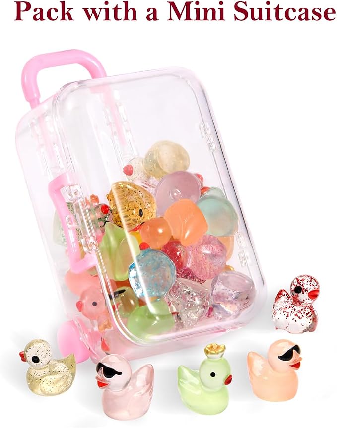 25pcs Mini Ducks Fairy Garden Accessories with Mini Suitcase | 12pcs Glitter & 13pcs Luminous Duck Mini Resin Animals figures for Garden Decor, Landscape Decor, DIY Craft, Succulents