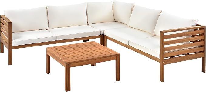 Outdoor Patio Conversation Furniture Set, Acacia Wood Sectional Sofa Set with Coffee Table, 4 Piece Outdoor Sofa Set with Two-person Sofa and Corner Sofa for Backyard (Natural log+Beige Cushions)