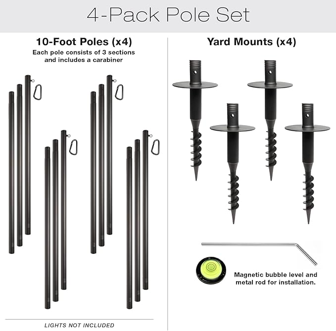 EXCELLO GLOBAL PRODUCTS Premium String Light Poles - 4 Pack - Extends to 10 Feet – Yard Mount (Grass/Dirt) | Yard Mount, Grass/Dirt
