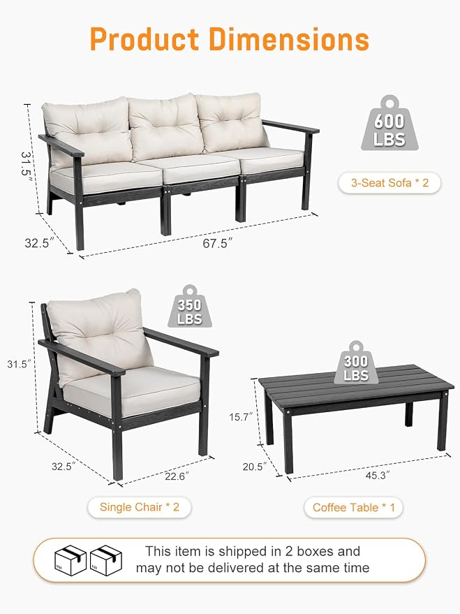 HDPE Patio Conversation Set 5 Seats, Outdoor Furniture Set, Patio Sofa Set | Water-Resistant Thick Cushion, HDPE All Weather, Wood-Grain, No Rot or Rust or Crack, UV Fade Shield, Easy-Clean for Outside
