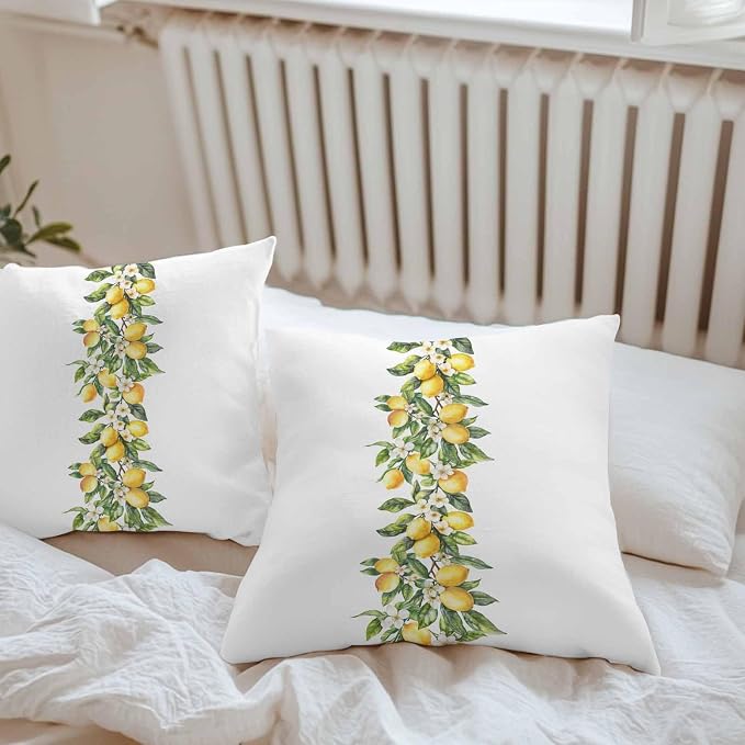 Yellow Lemon Waterproof Outdoor Pillow Covers Set of 2 Home Decor, Simple Spring Botanical Fruit Leaves Flower Pillowcase Patio Pillow Covers for Couch Bench Furniture Garden 24x24in