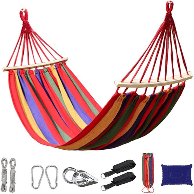Single Camping Hammock 550lb Anti-Rollover Canvas Comfortable Fabric Hammock with Tree Straps for Backpacking Outdoor Travel Beach Backyard (Red)