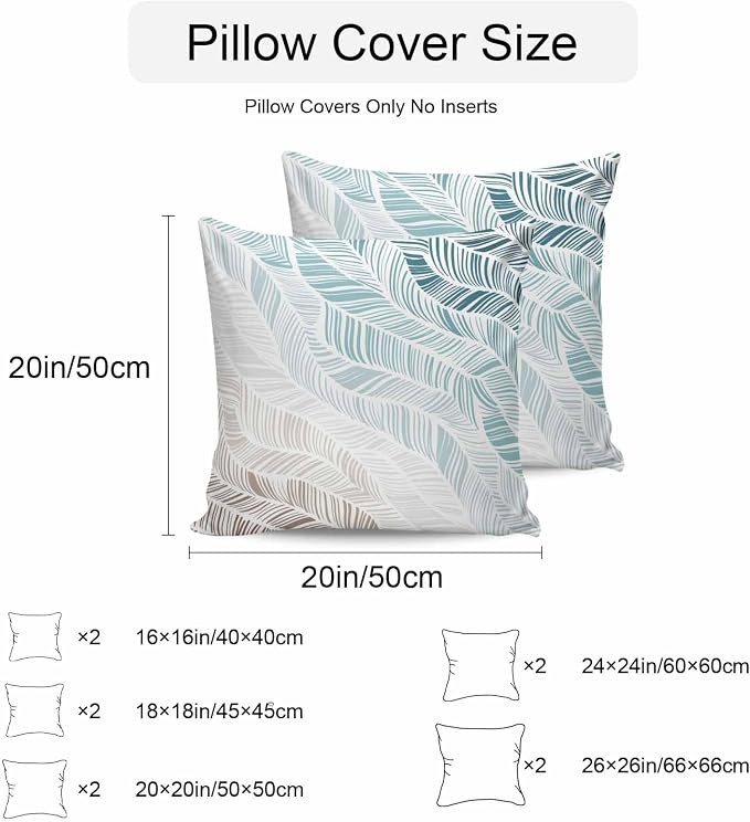 Vandarllin Outdoor Throw Pillows Covers 16x16 inch Set of 2 Waterproof Summer Beach Decorative Zippered Cushion Covers for Patio Furniture, Ombre Blue Abstract Leaf Lines Lumbar Pillowcases