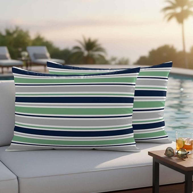 Green Grey Striped Outdoor Pillow Cover 12x20 Inch Cushion Sham Case, Farmhouse Stripes Modern Abstract Art Waterproof Decorative Square Throw Pillowcase for Outside Garden Patio Porch Couch Chair