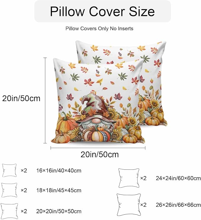 Fall Gnomes Outdoor Waterproof Pillow Covers, Thanksgiving Pumpkins Leaf Sunflowers Farm Decorative Square Throw Pillowcase Sofa Cushion Sham for Patio/Couch/Chair, 18"x18" 2 Pack