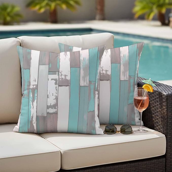 Turquoise Gray Outdoor Pillow Covers 24x24 Inch Throw Pillow Covers Set of 2 Waterproof Decorative Pillow Cases Country Retro Mottled Texture Wood Grain Cushion Covers for Patio Furniture Garden Couch