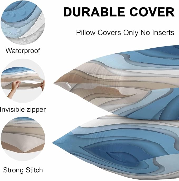 Modern Outdoor Pillow Covers Set of 2,Geometric Line Wave Striped Decorative Waterproof Throw Pillow Case,Minimalist Blue Brown Ombre Gradient Cushion Pillowcases for Couch Garden Patio,20x20In