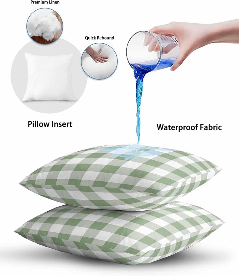 Waterproof Outdoor Pillow Set of 2 Green Buffalo Plaid Decorative Throw Pillows Cover & Insert 16x16 Inch Pillowcase Check Lines Square Pillows for Couch Sofa Bed Patio Furniture Indoor Outdoor