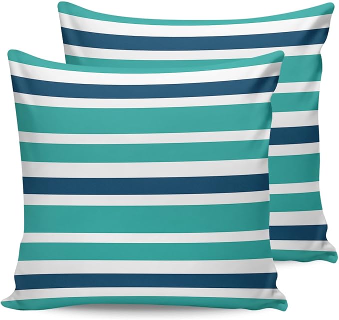 Outdoor Waterproof Throw Pillow Covers Set of 2 Navy Blue Turquoise Stripes Decorative Outdoor Pillows Cushion Case 24x24 Inch Teal Striped Patio Pillows for Couch Sofa Bed Garden Office Home Decor