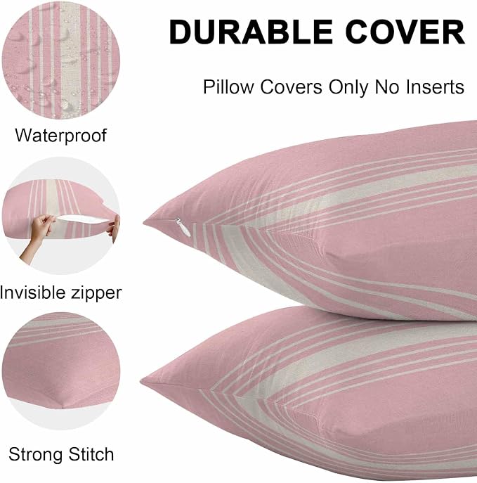 Vandarllin Outdoor Throw Pillows Covers 20x20 inch Set of 2 Waterproof Pink Vertical Stripes Decorative Zippered Cushion Covers for Patio Furniture, Classic Striped Linen Lumbar Pillowcases