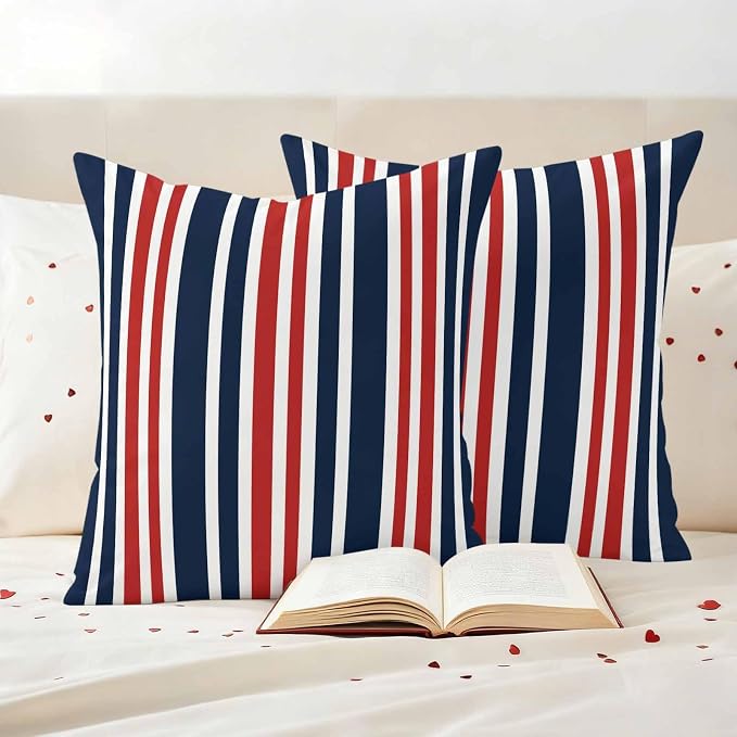 Waterproof Pillow Covers Set of 2,Patriotic Red White Blue Striped Outdoor Pillow Protectors with Zipper Pillowcases for Patio Tent Garden Beach 20x20 Inches Minimalist Geometric