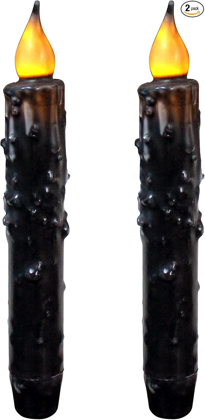 CVHOMEDECO. Real Wax Hand Dipped Battery Operated LED Timer Taper Candles Country Primitive Flameless Lights Décor, 6-3/4 Inch, Matt Black, 2 PCS in a Package