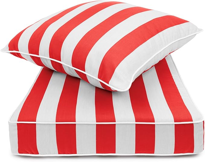 Sherry Kline Cabana Stripe Deep Seat Cushion Set, Reversible Outdoor Patio Replacement Cushions with Contrast Cord, Zippered Removable Seat Cover, 23x24x5 Seat + 25x25 Back, Made in USA - Red/White