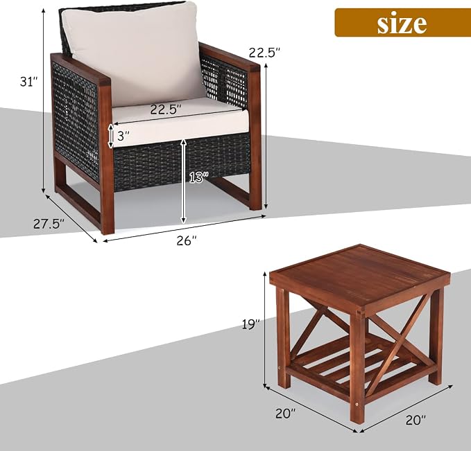 Tangkula 3 Pieces Patio Wicker Furniture Set, Rattan Outdoor Sofa Set w/Washable Cushion & Acacia Wood Coffee Table, Conversation Bistro Set for Garden Balcony Backyard (Beige)