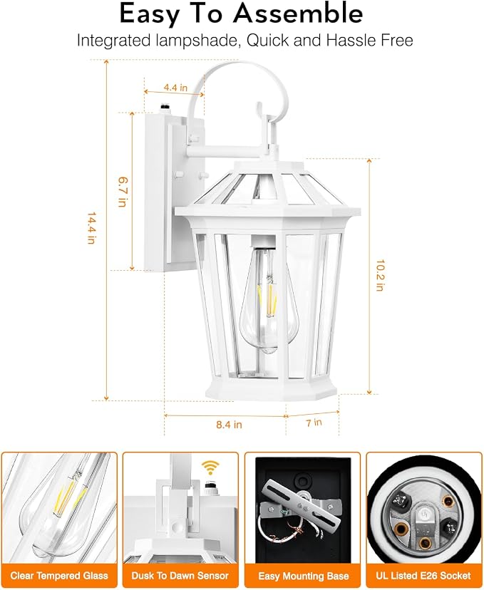 VIANIS Outdoor Porch Lights - Dusk to Dawn Exterior Wall Lights, 100% Anti-Rust Aluminum Waterproof, White Sconce Lanterns for Garage