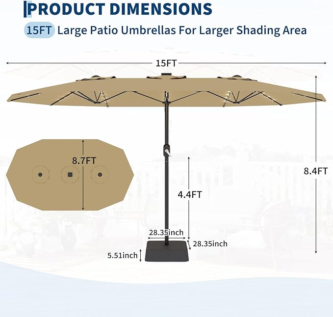 GarveeLife 15 FT Patio Umbrella with Base Included, Patio Table Umbrella with solar lights, 10 Sturdy Ribs UV Protection Waterproof for Garden, Pool, Deck, Backyard (Tan)
