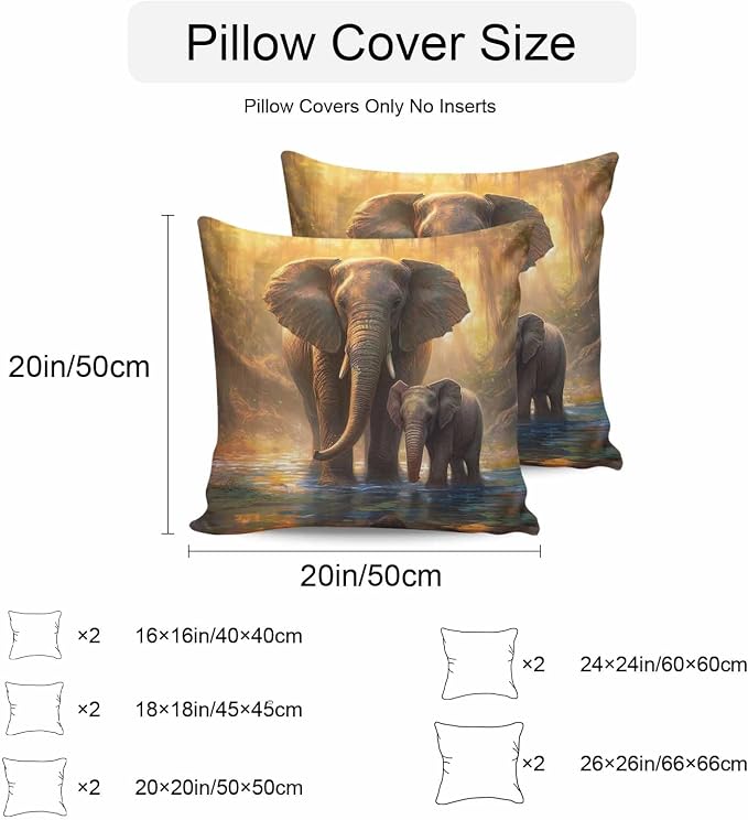 Elephant Outdoor Pillow Covers Pack of 2 Animal Forest River Yellow Oil Painting Waterproof Throw Pillow Covers Decorative Cushion Cases for Patio Garden Tent Balcony Couch 24x24 inch
