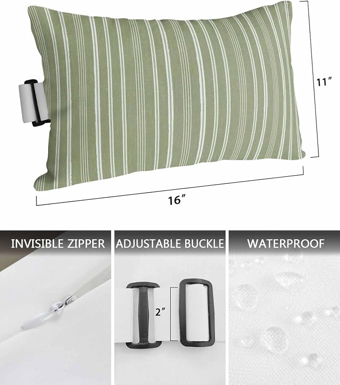 Pack of 4 Outdoor Lumbar Pillow Covers 11x16 Inch, Dark Sage Green Striped Waterproof Throw Pillow Covers Set, Farmhouse Stripes Modern Vintage Decorative Cushion Cases for Patio Porch Car