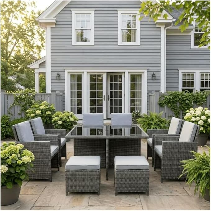 Gasee 9 Pieces Outdoor Dining Sets Patio Rattan Conversation Set Space Saving Wicker Chairs with Glass Table,Gray