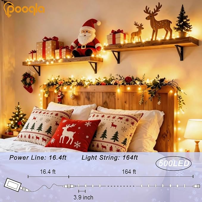 500 LED Warm White Christmas Lights Outdoor String Lights, 164 ft | Green Wire Waterproof Twinkle Fairy Lights Plug in with Timer, 8 Modes String Lights Indoor Bedroom Classroom Decor