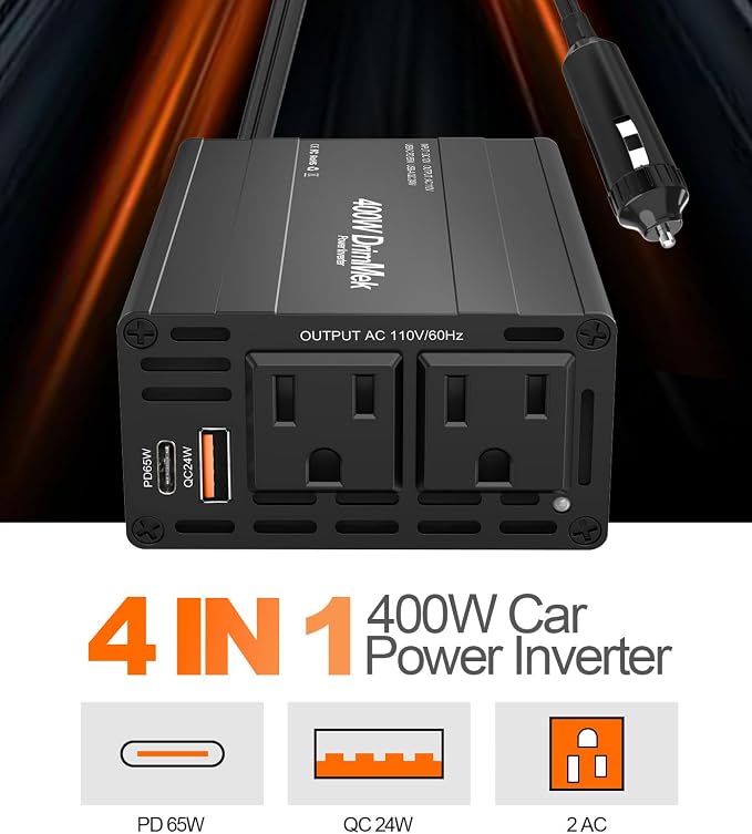 400W Car Power Inverter 12V to 110V AC｜24W+65W USB C, Laptop Charger | 65w Fast Charger,2 AC Output,Aluminum alloy casing