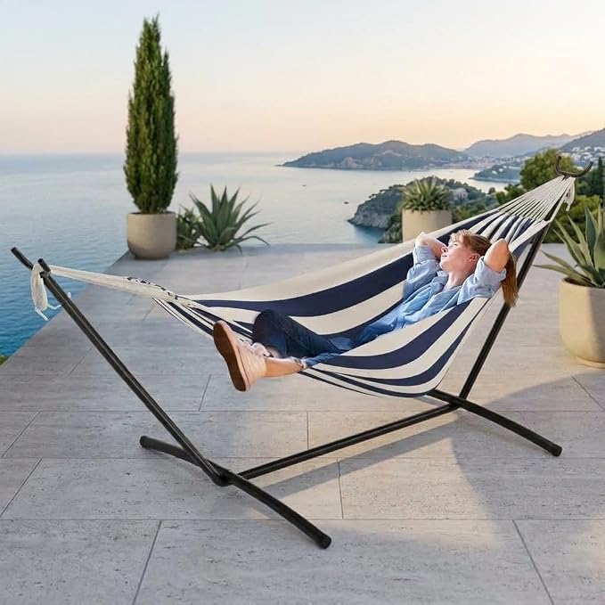 2 Person Double Hammock with Stand Foldable, 450Lbs Capacity, Double Hammocks Portable with Carrying Bag, Thick Rope, Collapsible Heavy-Duty Steel Stand for Indoor & Outdoor, Weatherproof