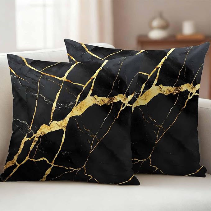 Outdoor Waterproof Pillow Covers 18x18Inch Marble Texture Throw Pillowcases for Patio Garden Couch Sofa Gold Line Black Decorative Cushin Case,Pack of 2