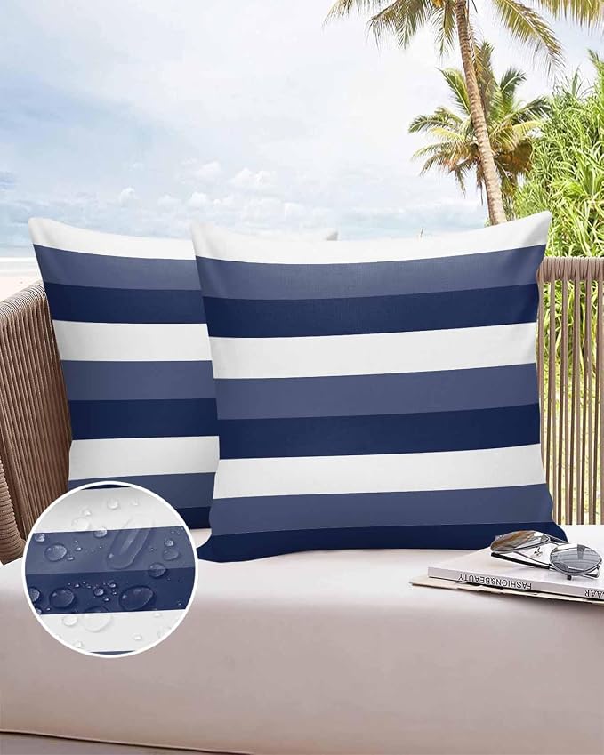 Pack of 2 Navy Blue Stripes Outdoor Pillow Waterproof Covers 18x18 inch, Geometric Pattern Polyester Throw Pillow Covers Garden Cushion Decorative Case for Patio Couch Decoration