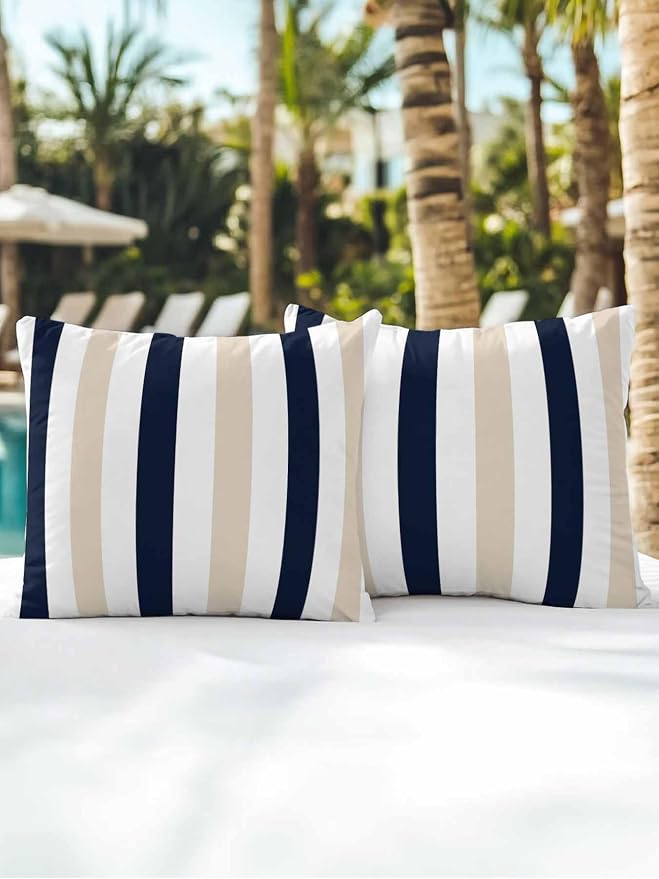 Outdoor Pillows Waterproof, Beige Navy Blue Striped Bedding Throw Pillows with Insert for Couch Sofa Bed, Farmhouse Stripe Art 16x16 Inch Pillowcases Decorative Camping Patio Pillow Set of 2