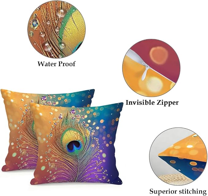 20x20 Inch Outdoor Pillow Covers Set of 2 Waterproof Throw Pillow Covers Decorative Couch Cushion Covers Peacock Feather Rainbow Square Pillowcases Protectors for Patio Garden Sofa