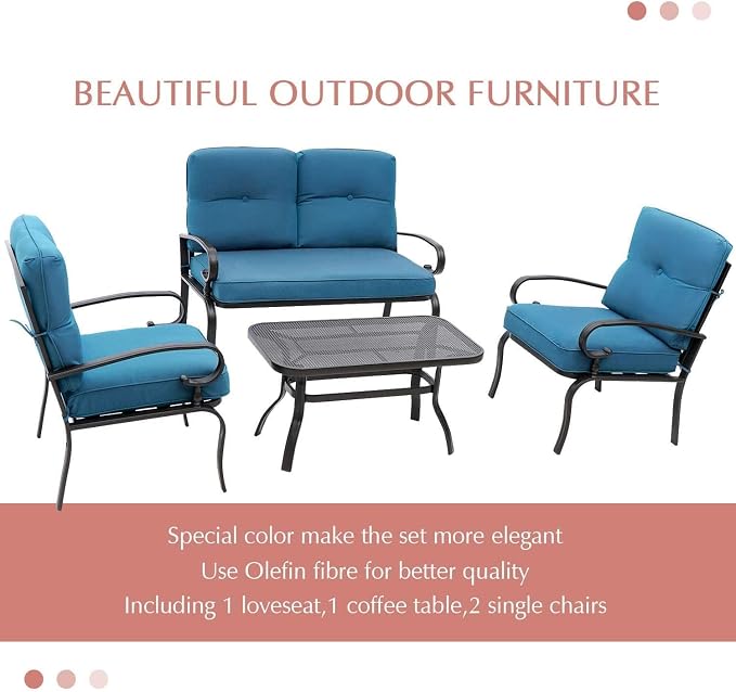 Outdoor Furniture Patio Conversation Set Loveseat, 2 Chairs, Coffee Table with Cushion, Lawn Front Porch Garden, Metal Chair Set Wrought Iron Look (Peacock Blue)