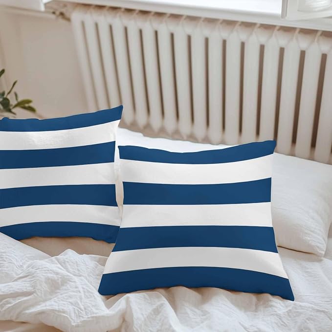 Outdoor Waterproof Throw Pillow Covers Set of 2 Navy Blue White Stripe Pillowcases 20x20 Inches Simple Style Striped Decorative Pillows Cushion Case Patio Pillows for Couch Bed Chair Garden
