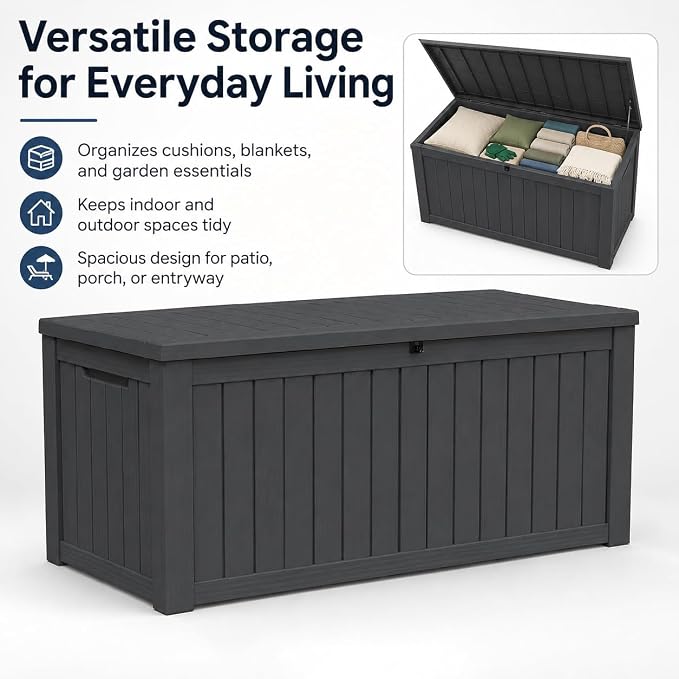 Outdoor Deck Patio Storage Box - 170 Gallon Large Outdoor Deck Box, Plastic Storage Bin with Lid, Outside Toy Box & Pool Storage Container for Cushions, Garden Tools, Towel, Black