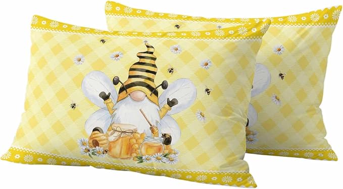 Yukro Honey Gnome Outdoor Waterproof Pillow Covers Pack of 2, Watercolor Honey Bees Floral Yellow Plaid Decorative Throw Pillowcases Cushion Covers for Garden Patio Tent Sofa Couch, 20x12 inch