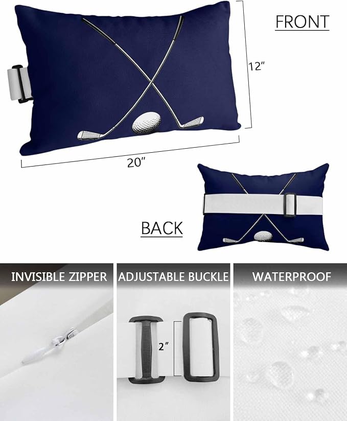 Pack of 2 Golf Club and Ball Lumbar Pillow Covers, Outdoor Waterproof Throw Pillow Covers Set, Sports Theme Navy Blue Background Decorative Cushion Case for Patio Beach, 12x20 Inch