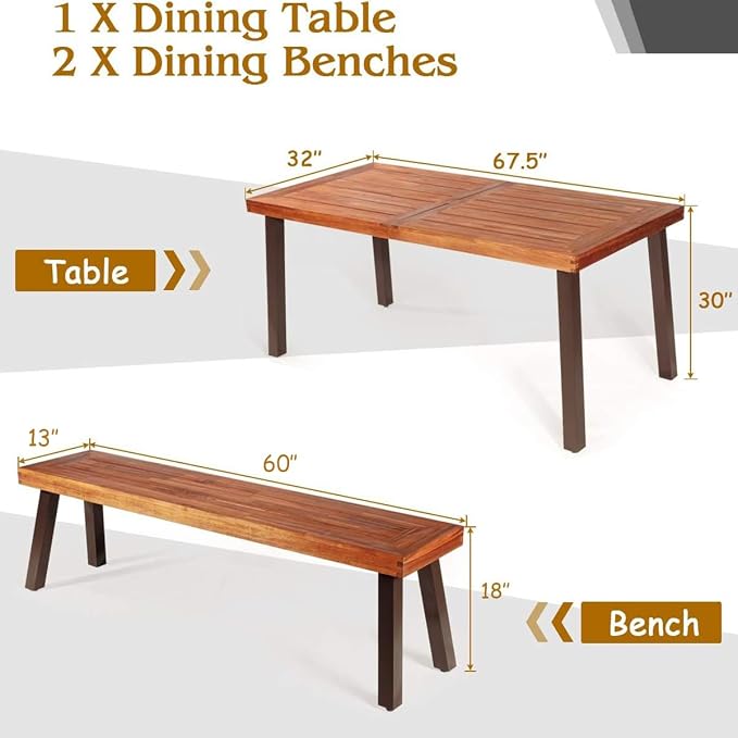 Giantex Patio Dining Table Set with 2 Benches, Outdoor Picnic Table Set with Umbrella Hole, Acacia Wood Patio Seating and Rectangular Table for Backyard, Garden, Lawn (Rustic Brown)