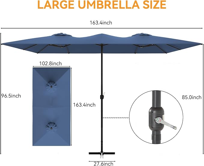 8 PCS Outdoor Patio Dining Set with 13.6ft Double-Sided Patio Umbrella,Patio Table and Chairs Metal Outdoor Patio Furniture Set,Dining Table Set with Swivel Chairs,Navy Blue