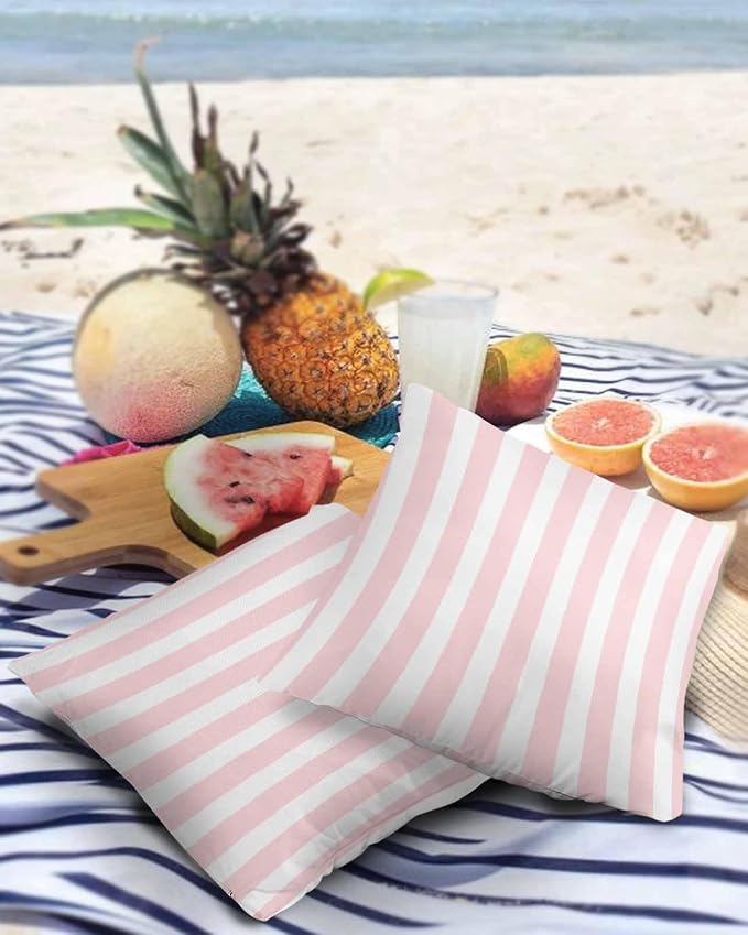 Outdoor Waterproof Throw Pillow Covers 24x24in, Pink Textures Cushions for Garden Patio Furniture Chairs Set of 2, Art Striped Home Decor Couch Sofa Polyester Pillow Cases