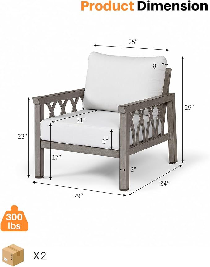 Outdoor Aluminum Armchairs Set of 2, Patio Sofa Chairs with Cushions, Deep Seating Outdoor Patio Club Chairs, Weather-Resistant Patio Furniture Set for Garden, Balcony, Limed Oak