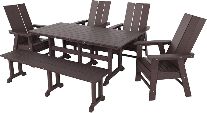 WestinTrends Ashore 6 Pieces Adirondack Patio Dining Set with Bench, All Weather Poly Lumber Slatted Outdoor Furniture Set, 71" Trestle Table and 4 Adirondack Chair and Outdoor Bench, Dark Brown