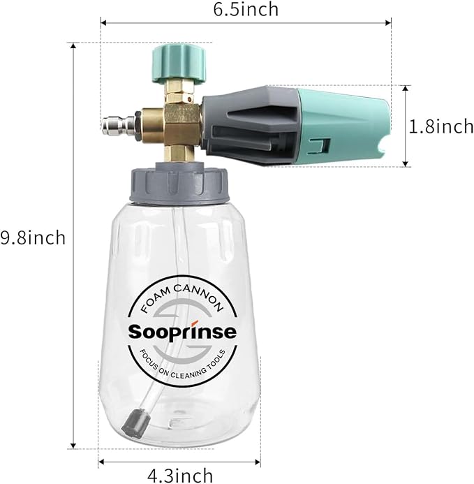 Sooprinse Foam Cannon, Adjustable Snow Foam Lance Transparent Body, Professional Car Foam Blaster with 1/4 Inch Quick Connector, 4000 PSI, 1L