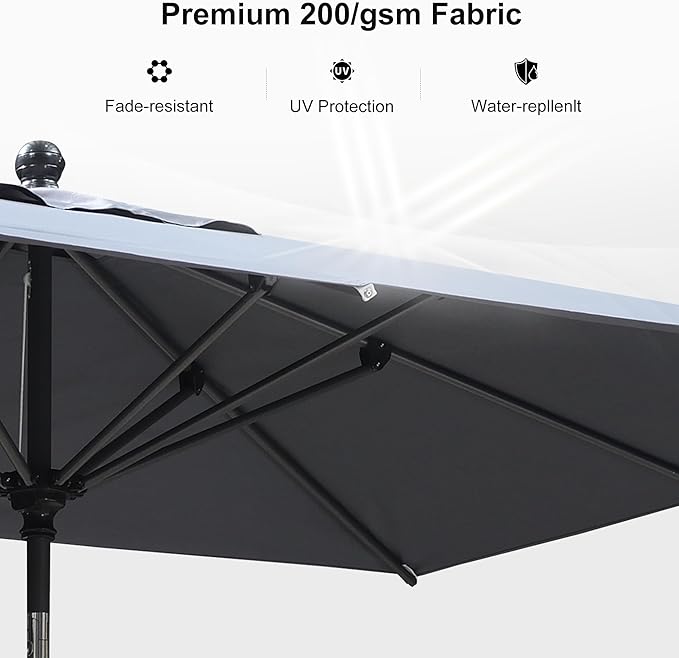 PURPLE LEAF 10' x 6.5' Rectangle Patio Market Umbrella with Base Outdoor Table Umbrellas Aluminum Frame Sun Shade with 8 Sturdy Ribs Tilt for Garden Deck Lawn Pool Light Gray