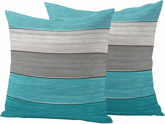 Outdoor Throw Pillow Covers 16X16 Set of 2 Waterproof Ombre Aqua Blue Gray Decorative Zippered Cushion Covers for Patio Furniture, Farmhouse Retro Rustic Barn Wood Texture Lumbar Pillowcases